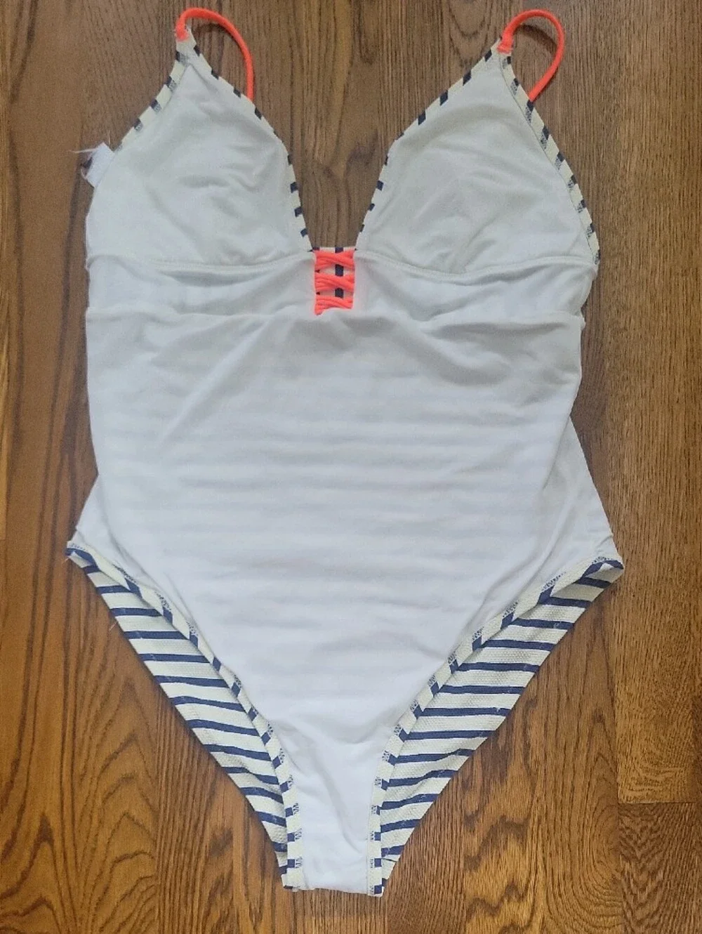 J. Crew Navy & White Stripe One-Piece Swimsuit with Coral Accent, Size 12